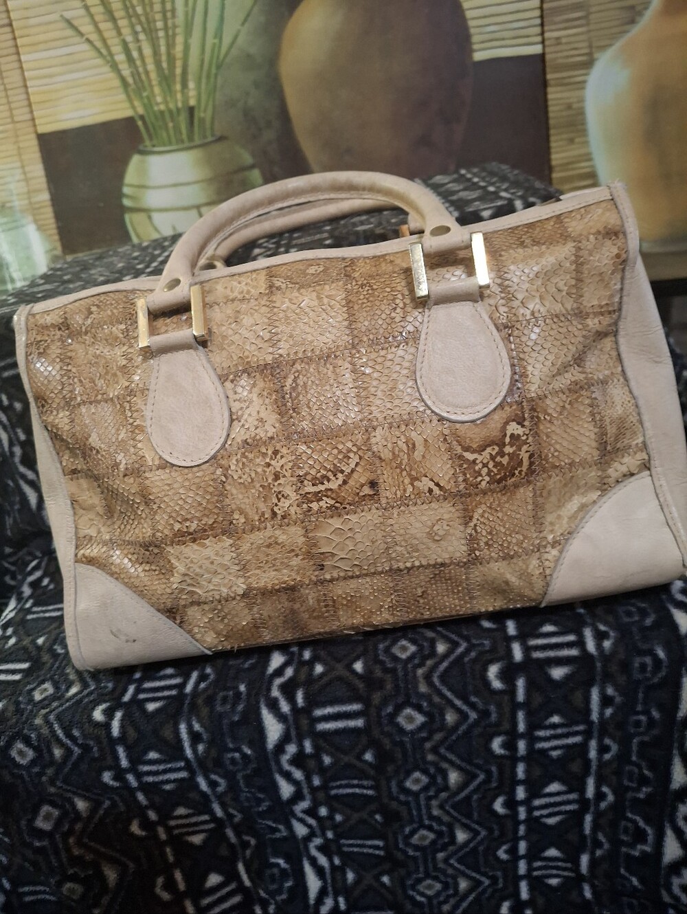 Beige Snake-Texture Satchel Handbag